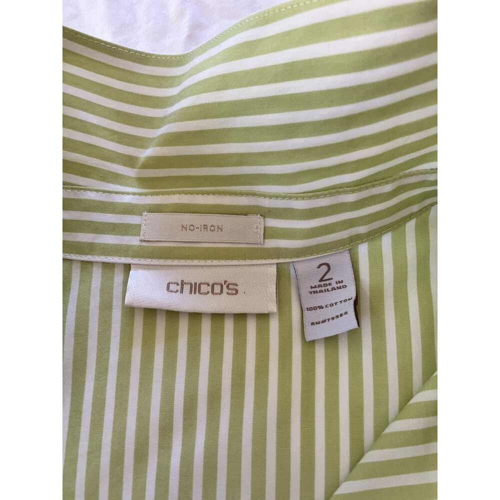 Chico’s No-Iron Lime Green Striped Shirt Pop Collar 3/4 Sleeve Size 2 / L - Picture 4 of 6
